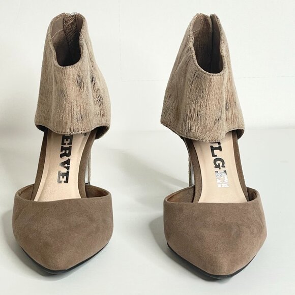 Revolution Indulge Ankle Cuff Heels Sz 7 Taupe 3.5 "Heel Back Zipper Almond Toe - Picture 2 of 15